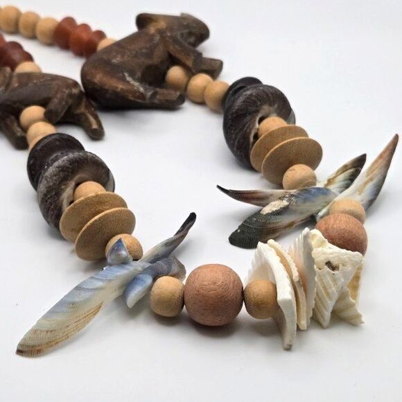 Hand Carved Wood Animal Bead Tribal Necklace Shell & Natural Beads‎ Safari 26” - Picture 3 of 5
